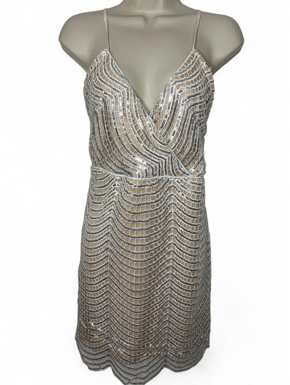 Lulus Dress Womens Large Silver Sequin Art Deco Mesh Nude Flapper Cocktail Mini
